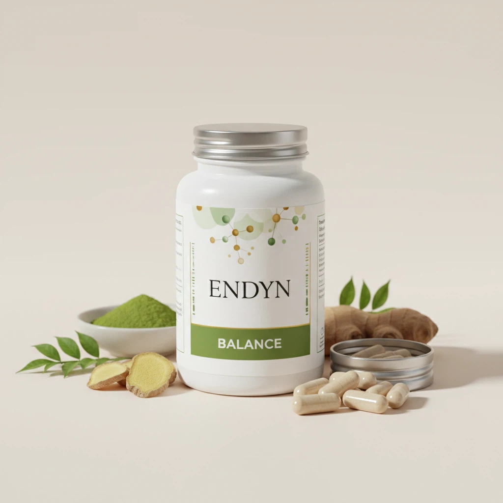 Endyn voedingssupplement glazen pot met houten deksel, professionele productverpakking